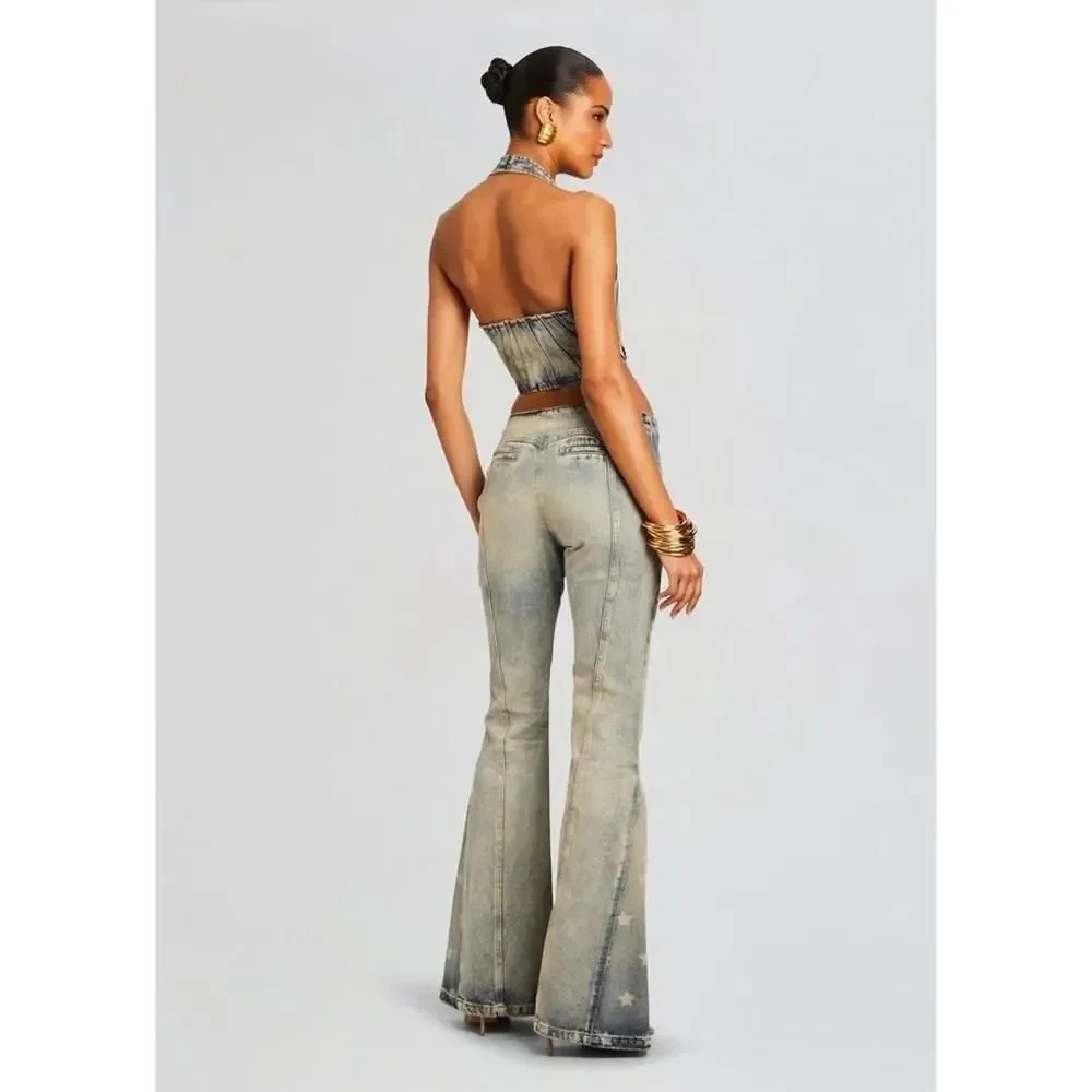 NWT Retrofete Bandit Denim Halter Corset Top Amalfi Lace Up Crop Size S